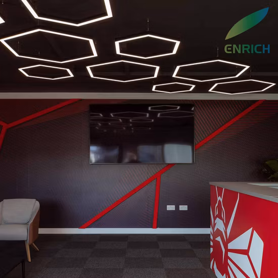 Lampada a sospensione lineare a LED a forma esagonale colorata RGB con pannello acustico per assorbimento acustico